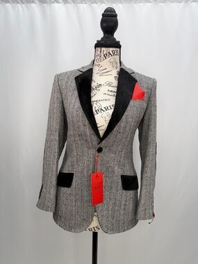 Elie Black-Trim Gray Herringbone Blazer